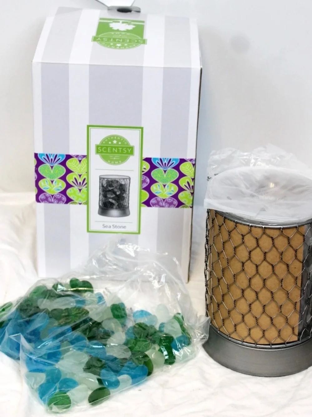 Scentsy Sea Stone Warmer with Blue and Green Glass Gems